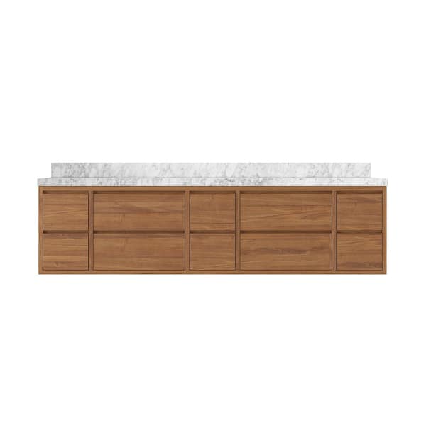 Willow Collections Madison Float 84 in. W x 22 in. D x 36 in. H Double Sink Bath Vanity in Dark Natural with 2" Carrara Marble Top