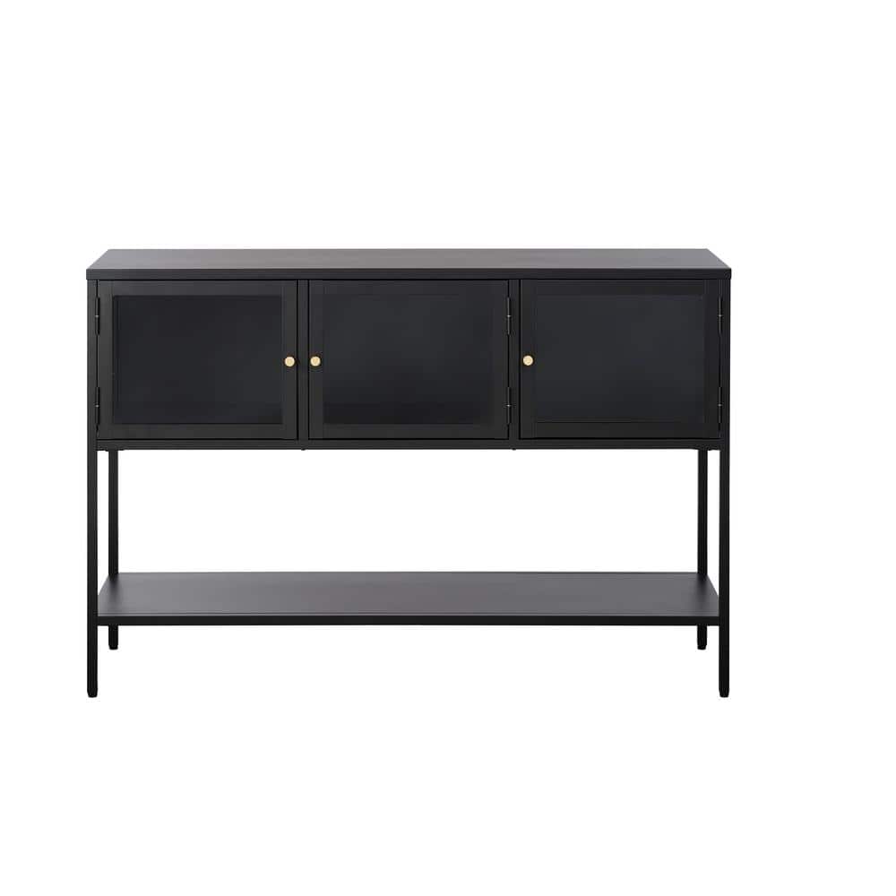 52-Inch Black Metal and Glass Sideboard with Brass Knobs