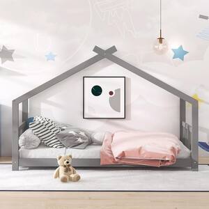 Gray Twin Size Toddlers House Bed with Headboard and Footbard, Wood House Shape Floor Kids Capony Bed Frame