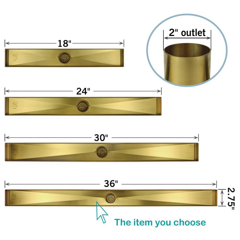 36-Inch Gold Stainless Steel Linear Shower Drain with Square Holes