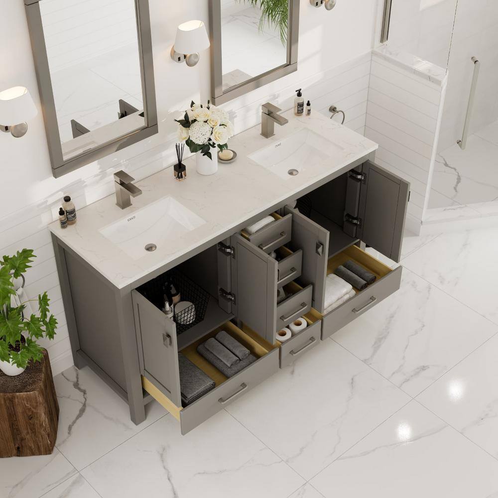 Gray Double Sink Bathroom Vanity with White Quartz Countertop