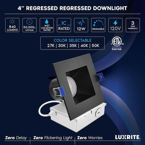 4 in. Square Integrated LED Recessed Light J-Box 12W 5CCT 840LM Dimmable Canless Downlight Wet Rated IC Rated Black