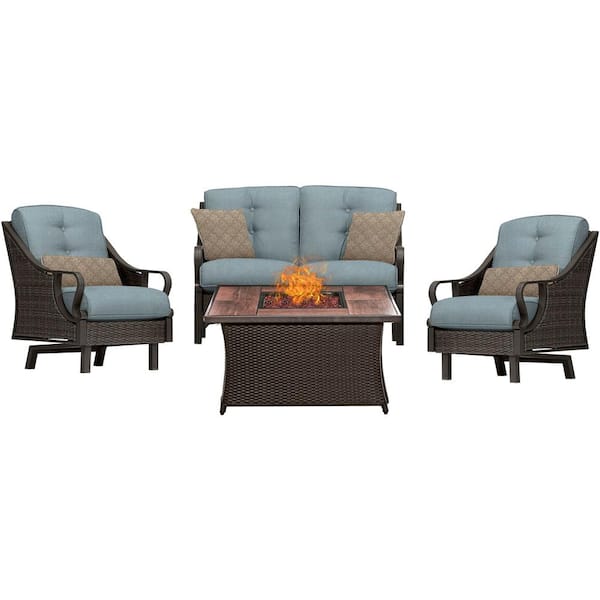 Hanover Ventura 4 Piece All Weather Wicker Patio Conversation Set With Wood Grain Top Fire Pit Ocean Blue Cushions Ven4pcfp Blu Wg The Home Depot Hanover Ventura 4 Piece All Weather, Patio Conversation Sets Canada Home Depot