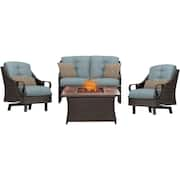 Ventura 4-Piece All-Weather Wicker Patio Conversation Set with Wood Grain-Top Fire Pit with Ocean Blue Cushions