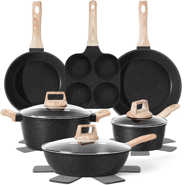 13 Piece Aluminum Nonstick Nontoxic Cookware Set with Frying Pans Set Saucepans Steamer (PFAS, PFOA, PFOS Free) in Black
