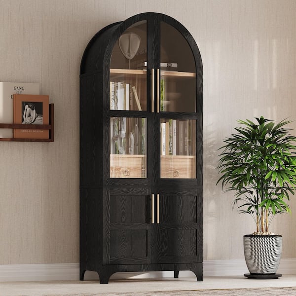 Black 71.2 in. H Arched Storage Cabinet with Door Shelves, Adjustable Shelves, Hidden Drawer and Glass Door