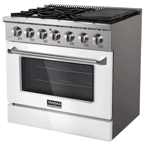 Professional 36 in. Freestanding Dual Fuel Range, 6-Burners, 5.2 cu. ft. Electric Oven, Griddle in Lustrous White