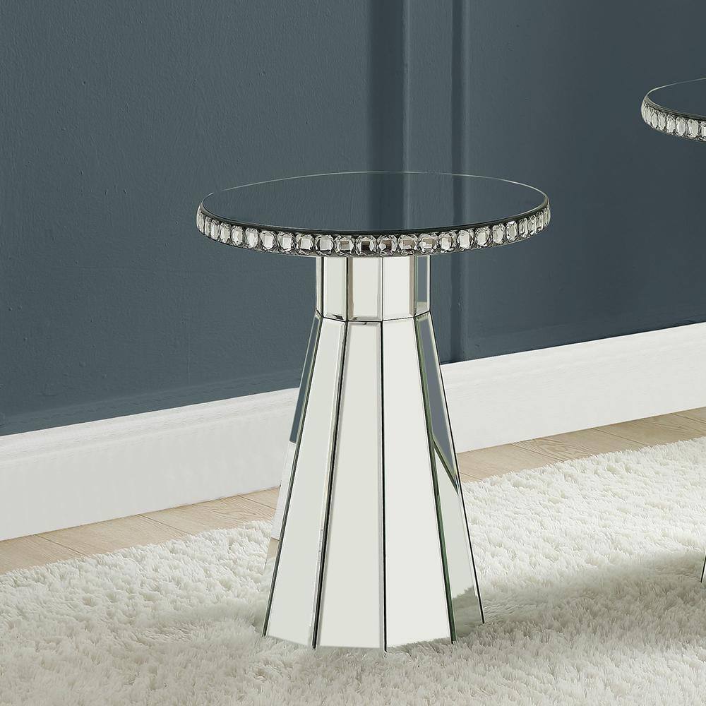 23" Round Mirrored Wood Accent Table with Faux Crystal Inlay