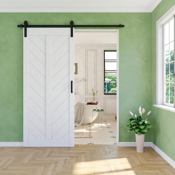 EH PUERTA 36 in. x 84 in. Solid Core Finished White MDF Herringbone Design Barn Door Slab with Hardware