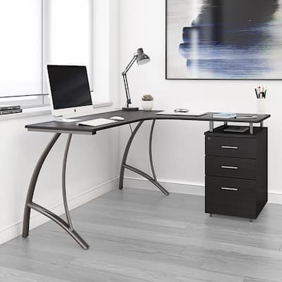 59 in. L-Shaped Espresso 3 Drawer Computer Desk with File Storage