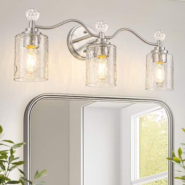 24 in. 3-Light Brushed Nickel Bathroom Vanity Light with Crystal Accents and Clear Hammered Glass Shades