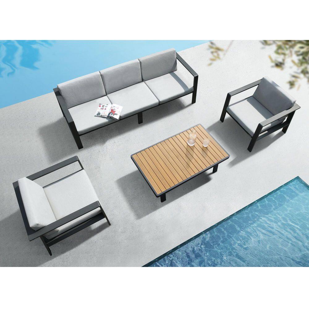 4 Pieces Imitated Teak Patio Conversation Set with Gray Cushions, Matte Cha