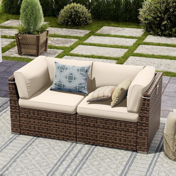 2-Series Brown Wicker Outdoor Sectional Set with Khaki Cushion