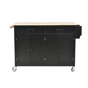54.3 in. W Black Kitchen Cart with Locking Wheels, 4-Door Cabinet and 2-Drawers, Spice Rack, Towel Rack