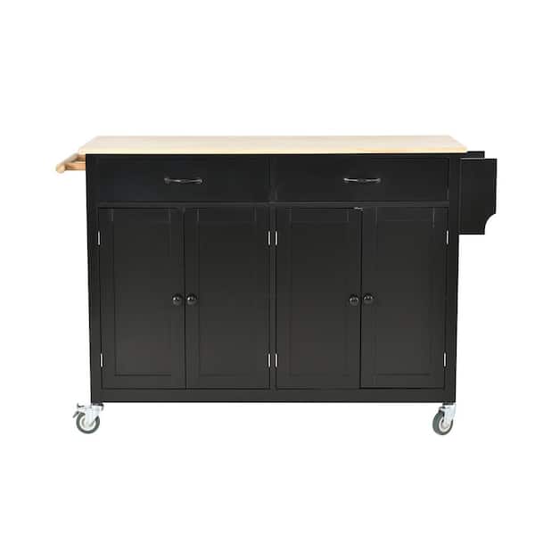 Polibi 54.3 in. W Black Kitchen Cart with Locking Wheels, 4-Door Cabinet and 2-Drawers, Spice Rack, Towel Rack