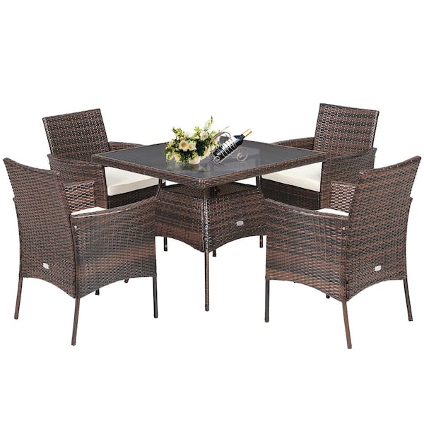 Costway 5 Piece Wicker Patio Rattan, Patio Furniture Glass Table And Chairs