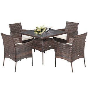 5-Piece Wicker Patio Rattan Dining Furniture Set Armrest Sofa Chair Glass Table