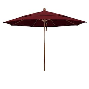 11 ft. Woodgrain Aluminum Commercial Market Patio Umbrella Fiberglass Ribs and Pulley Lift in Spectrum Ruby Sunbrella