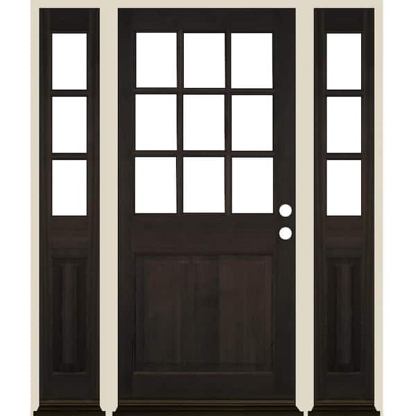 Krosswood Doors 64 in. x 80 in. Farmhouse 9-Lite Clear Glass Left Hand Black Stain Hemlock Wood Prehung Front Door w/ DSL