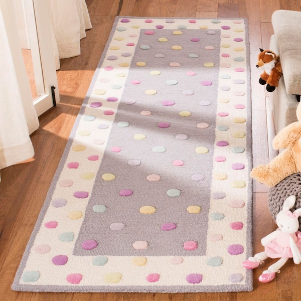 Kids 3 ft. x 10 ft. Gray/Multi Border Polka-Dot Runner Rug