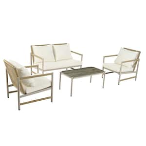 4-Piece Natural Outdoor Rattan Wicker Patio Conversation Set w/White Cushions and Glass Top Table for Garden, Balcony