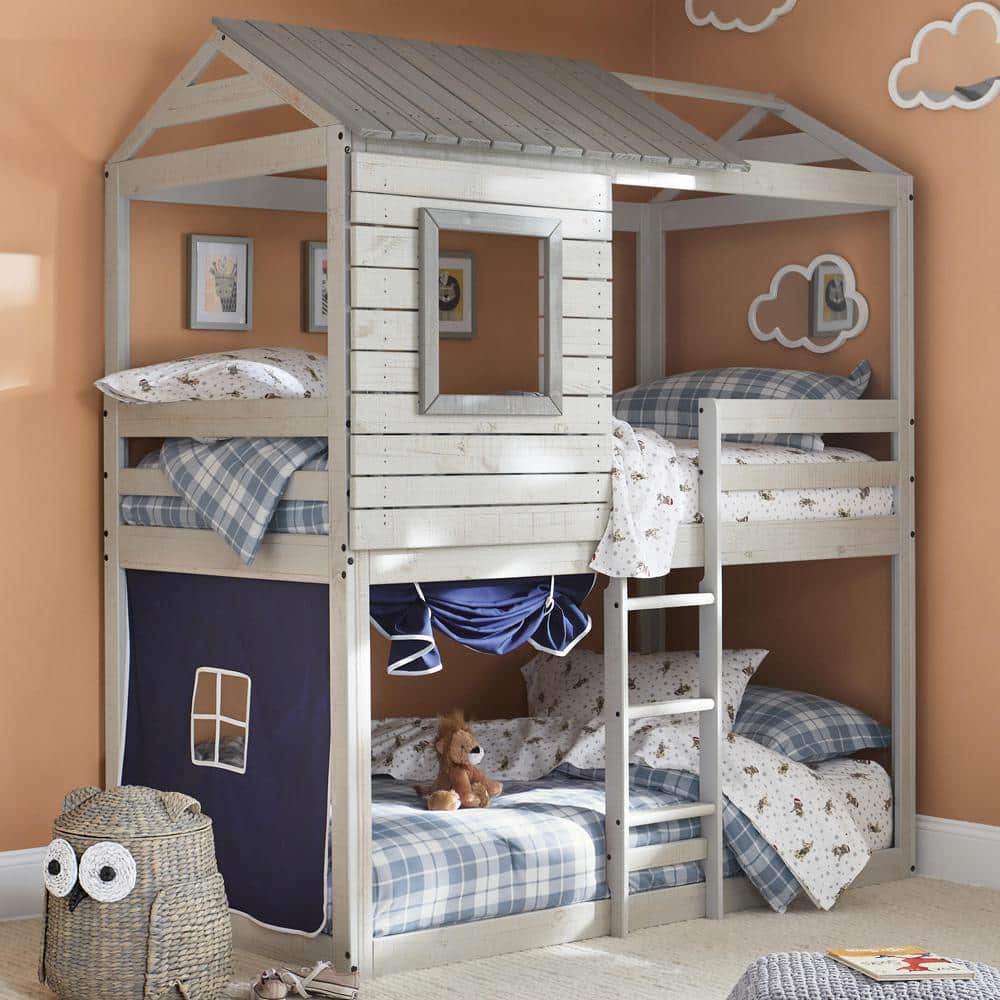 Rustic Light Grey Pine Twin Over Twin Bunk Bed with Blue Tent
