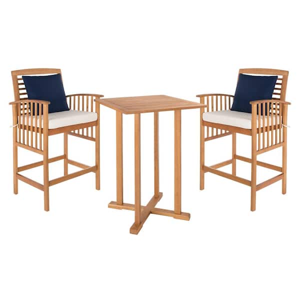 SAFAVIEH Pate Natural Brown 3-Piece Wood Outdoor Bistro Set with White Cushions