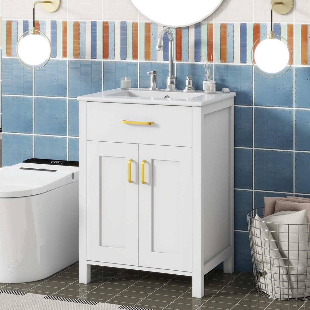 24.2 in. W Single Sink Freestanding Bath Vanity in Gold White with White Ceramic Top, 2 Soft-Close Doors price history on PriceWatchPro