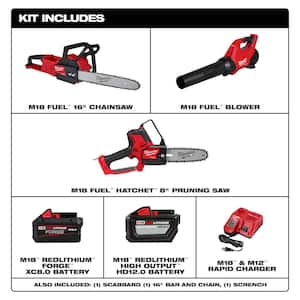 M18 Fuel 16 in. 18-Volt Brushless Cordless Electric Chainsaw with Hatchet, Blower, 12.0 and 8.0 Battery Combo Kit 2-Tool