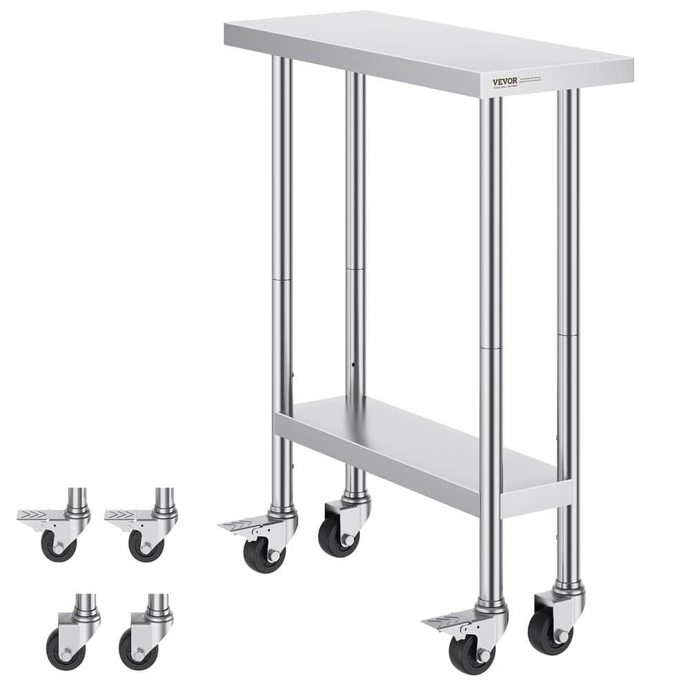 VEVOR 30 x 12 x 38 in. Stainless Steel Commercial Kitchen Prep Table with 4 Wheels 3 Adjustable Height Levels Silver