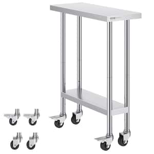 30 x 12 x 38 in. Stainless Steel Commercial Kitchen Prep Table with 4 Wheels 3 Adjustable Height Levels Silver