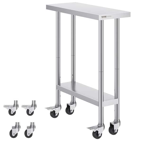 30 x 12 x 38 in. Stainless Steel Commercial Kitchen Prep Table with 4 Wheels 3 Adjustable Height Levels Silver