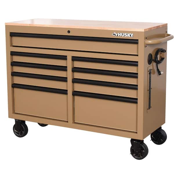 Standard Duty 46 in. W x 18 in. D 9-Drawer Gloss Tan Mobile Workbench Cabinet with Solid Wood Top