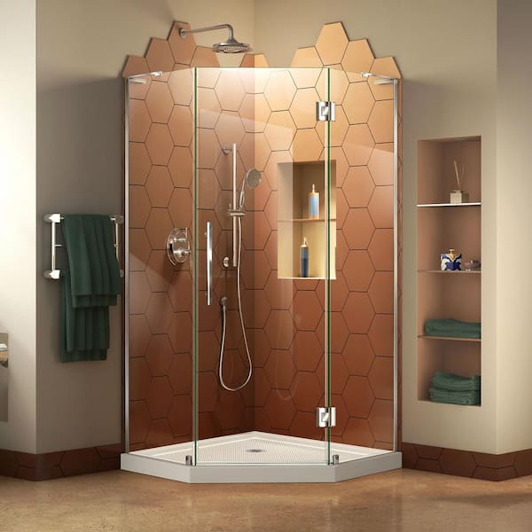 DreamLine Prism Plus 36 in. x 36 in. x 74.75 in. Semi-Frameless Neo-Angle Hinged Shower Enclosure in Chrome with Shower Base