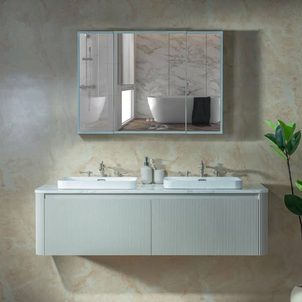 Mist 59.5 in. W x 21.63 in. D x 16.5 in. H Double Sink Floating Bath Vanity in Gray with White Marble Top