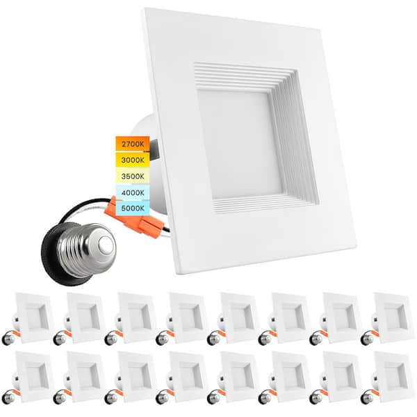 16-pack 4 in. Square Recessed LED Can Lights Color Options 2700K/3000K/3500K/4000K/5000K Dimmable Wet Rated Baffle