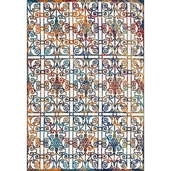 Cetara Ornate Cream/Blue/Orange 5 ft. x 8 ft. Trellis Indoor/Outdoor Area Rug