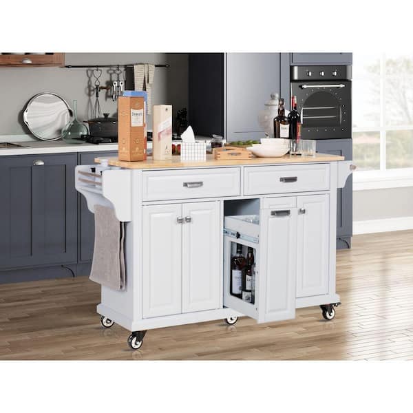 IDEAGLE White Cambridge Natural Wood Top 60.5 in. Kitchen Island