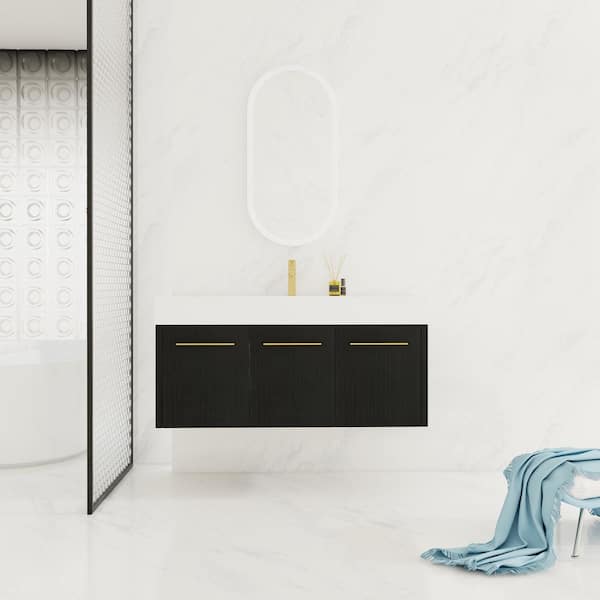 47.3 in. Wall Mounted Bath Vanity with White Resin Top and Soft Close Doors in Black