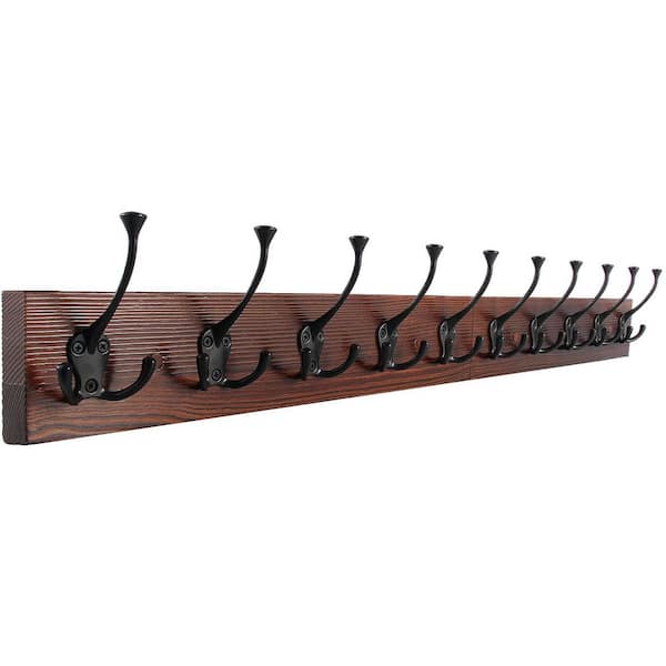 Wall Mounted Coat Rack with 10 Decorative J-Hooks, 34 Inch Long Rustic Bathroom Robe/Towel Hook in Brown