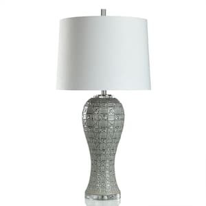 35.5 in. Grey Glazed, Geometric Shapes Table Lamp with Off-White Linen Shade