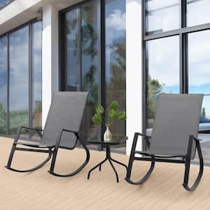 Gray Metal Patio Outdoor Rocking Chairs with Glass Square Table (3-Piece)
