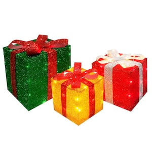 3 Count 11.25 in. 140-Light Presents Woven Glitter Wireframe
