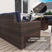 7-Piece Outdoor Rattan Wicker Set Covers Sectional Set with Fire Pit Table, Blue cushions