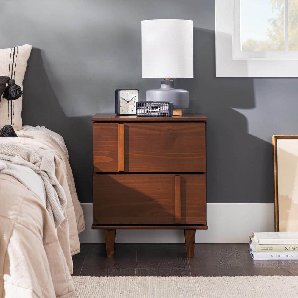 Walnut 2-Drawer Solid Wood Mid-Century Modern Nightstand