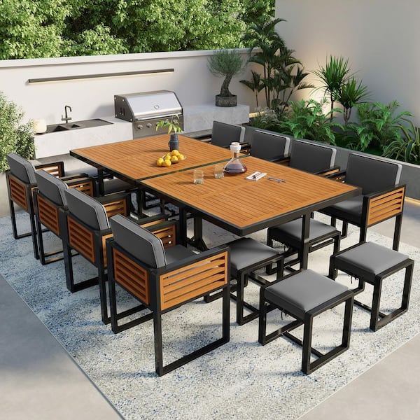Unbranded Black 18-Piece Metal and Wood Patio Outdoor Dining Set Conversation with Grey Cushions, 8-Chairs and Ottomans, 2-Tables