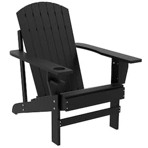 Outdoor Wooden Adirondack Chair, Weather Resistant Lawn Chair with Cup Holder, for Deck, Garden, Fire Pit, Black