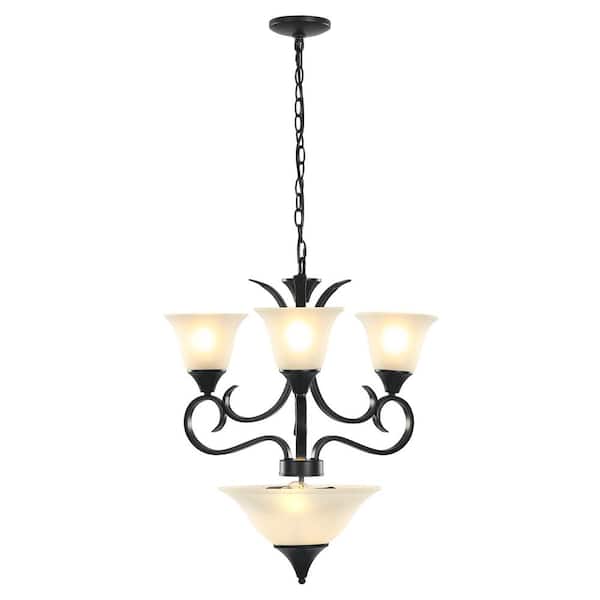 TRIBESIGNS WAY TO ORIGIN Bailey 4-Light Black 2-Tier Chandelier with Bell Opaline Glass Shape