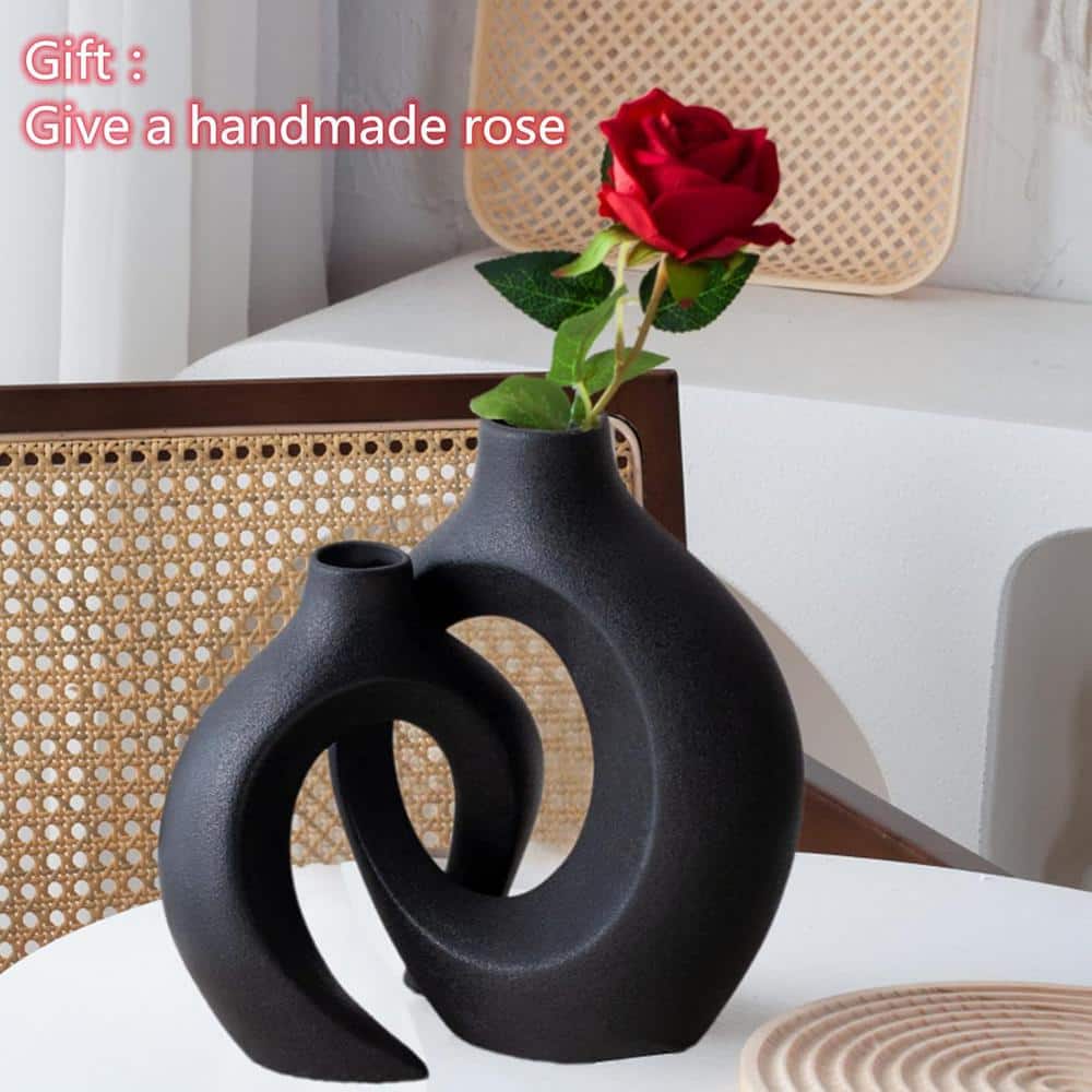 Black Ceramic Donut Shaped Decorative Vase Set of 2