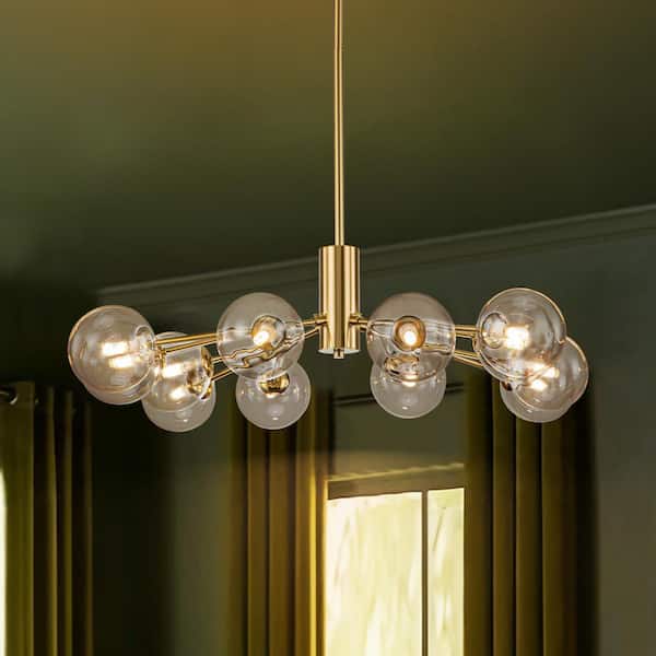 Rennnsan Aiden 12-Light Brass Gold Contemporary Dimmable Sputnik Glass Globe Chandelier with Clear Glass Globe Bubble